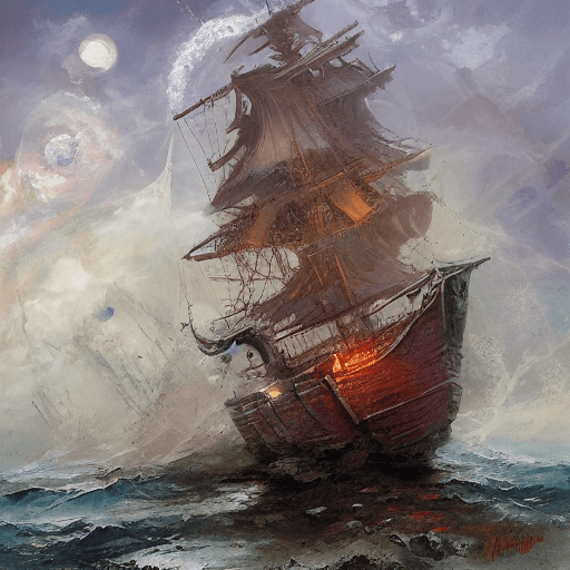 AI generated: oil painting with heavy impasto of a pirate ship and its captain, cosmic horror painting, elegant in...