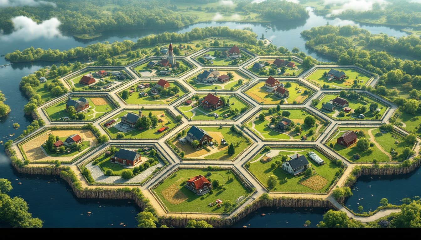 AI generated: hexagon1 water way, encasing several farms, farm houses, barns, animals. hexagon2 encases hexagon1 w...