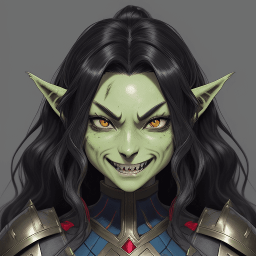 AI generated: anime style portrait - a strong Goblin woman with green blemished skin, large red eyes, wide flat no...