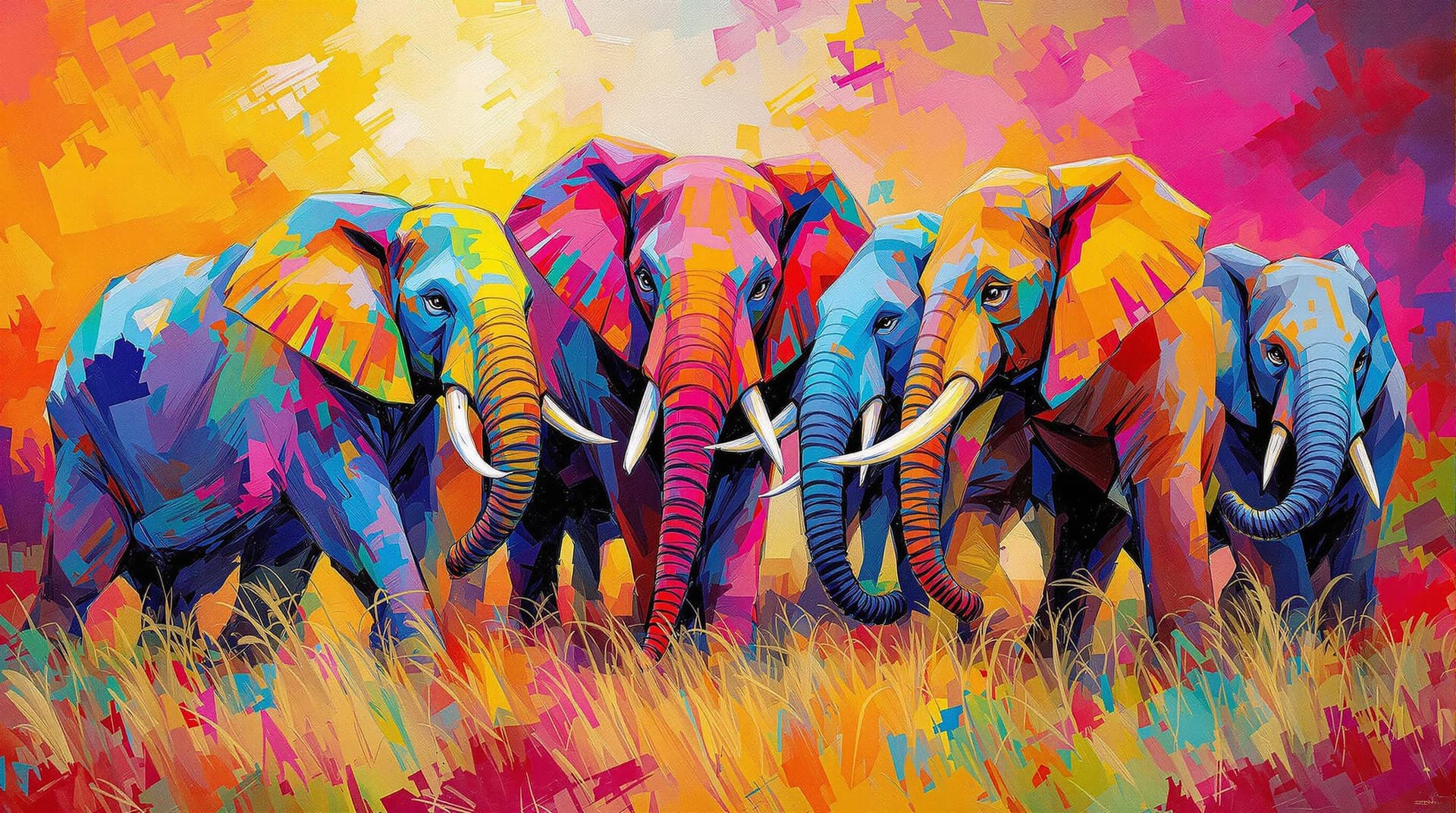 AI generated:    A lively and energetic oil painting in bright, vibrant colors showing    
 wild elephants   The s...