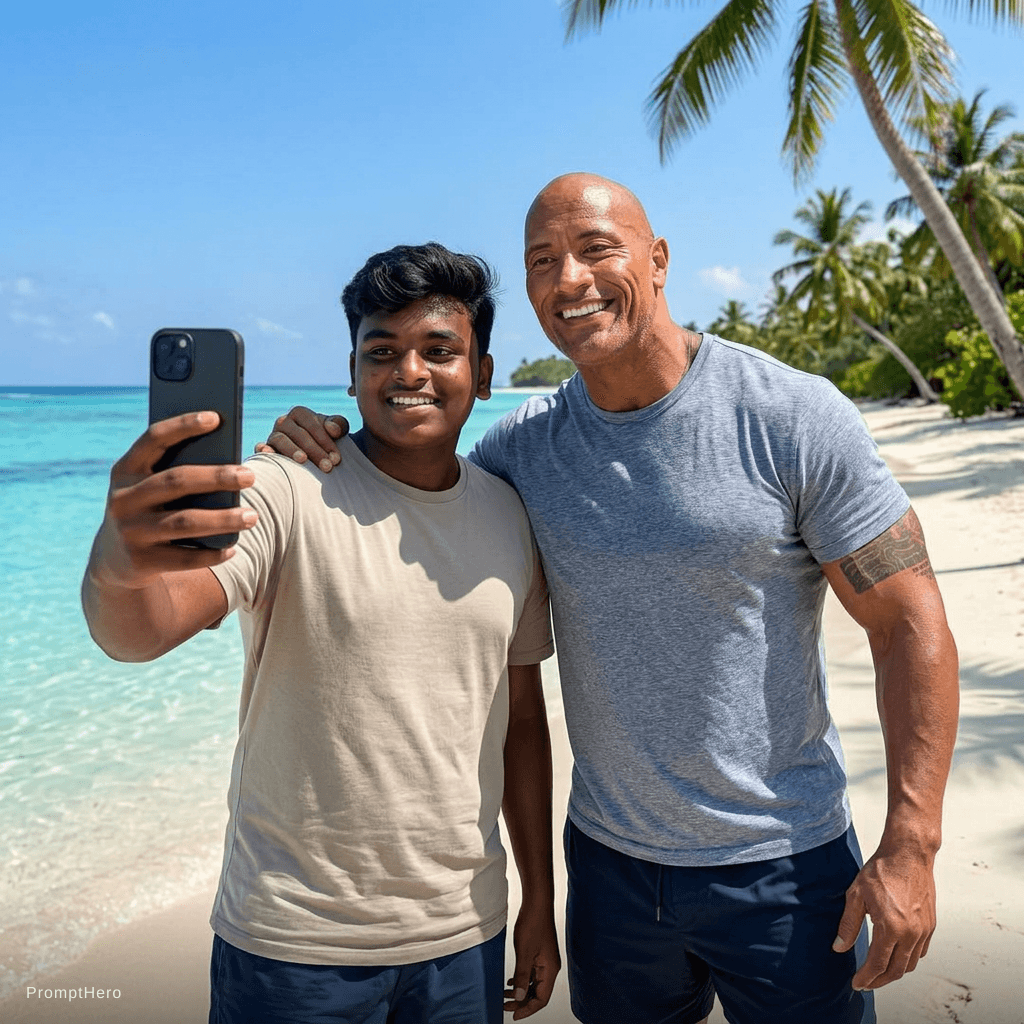 AI generated: with Dwayne Johnson at a tropical beach, sunny day, both smiling