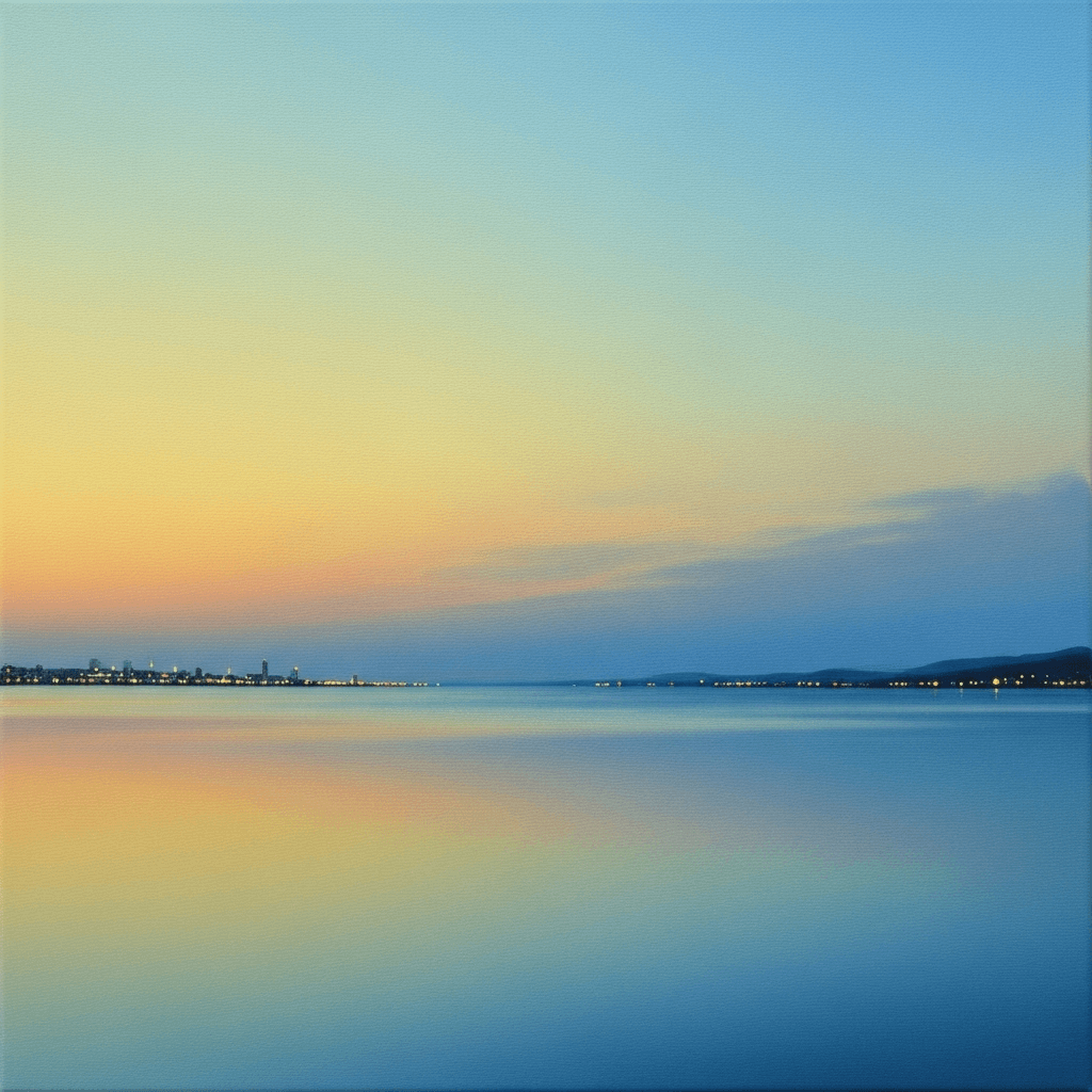 AI generated: 
A minimalist landscape oil painting of a wide, calm seascape at dusk. The sky is softly blended wi...