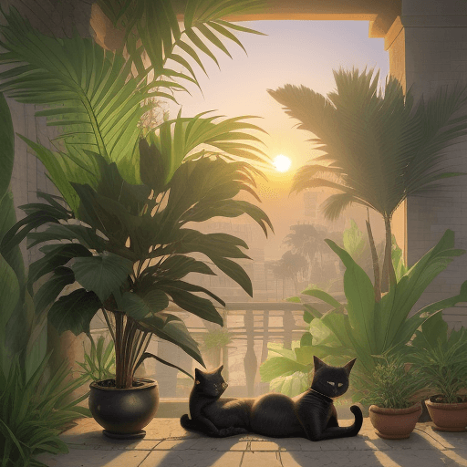 AI generated: The hanging gardens of ancient babylon. Heat and humidity. Sunrise.Vegetation. A small black cat and...