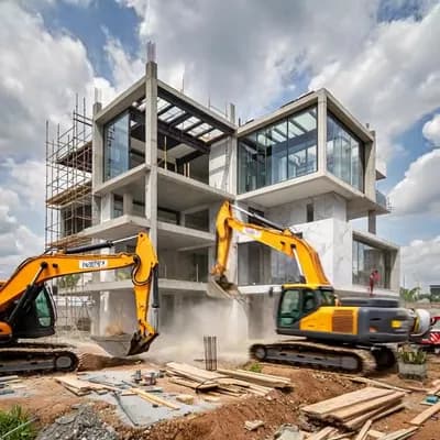 AI generated video: a building construction from empty land to the complete house