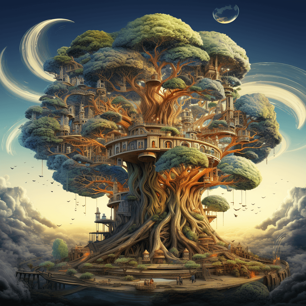 AI generated: the tree of knowledge is a fantasy, in the style of architectural illustrator, unreal landscapes, im...