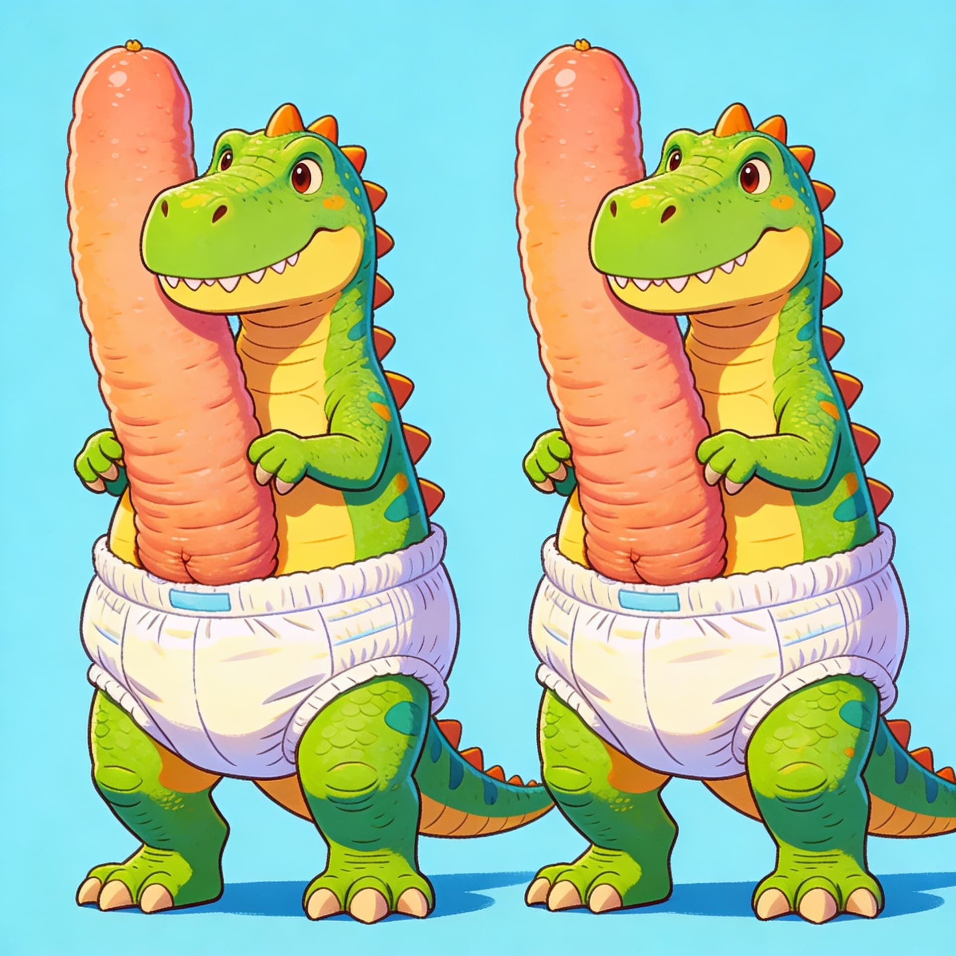 AI generated: Dois dinossauros com ereção grande dentro da fralda 