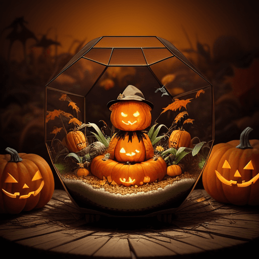 AI generated: a beautifully strange autumn terrarium with corn, cozy, autumn, pumpkins, a scarecrow, and a cute li...