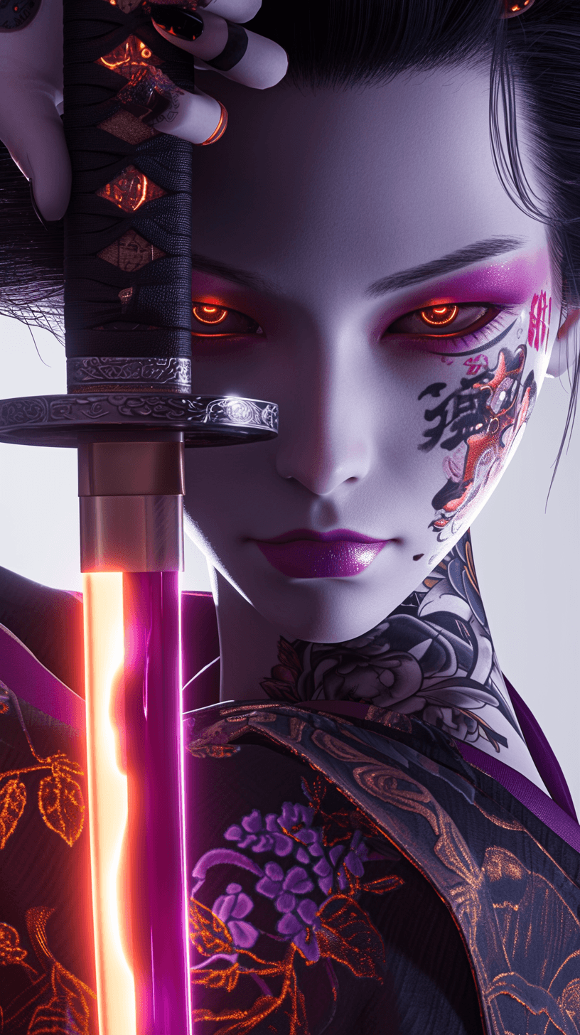 AI generated: Rebellious cyberpunk geisha with glowing neon tattoos yielding a katana, vintage, medium close up, p...