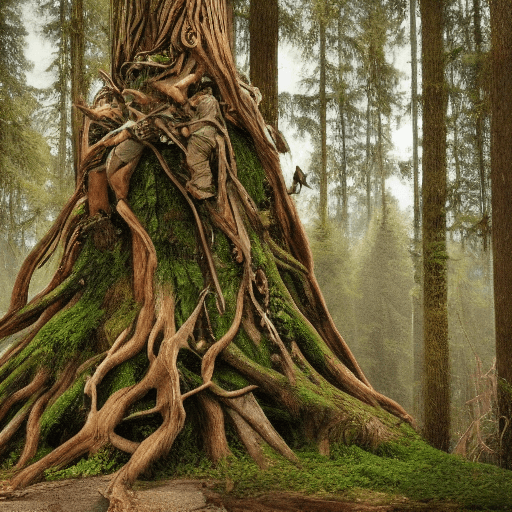 AI generated: Beautiful living-room musician spirit on top of big old tree, full wide view of a primary forest, hi...