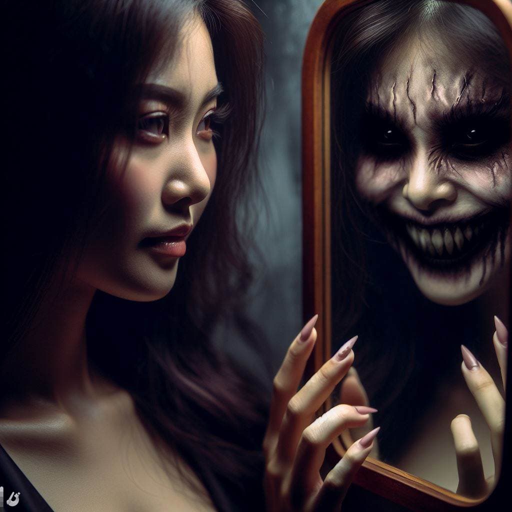 AI generated: A woman gazes into the mirror, her reflection twisted into a sinister version of herself. Dark eyes ...