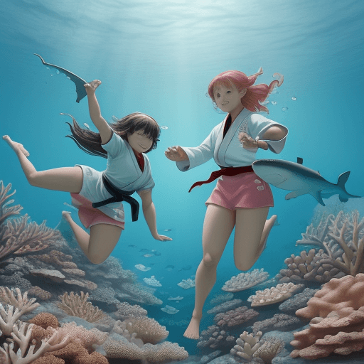 AI generated: Two girls dressed in judo , swimming in a coral reef with a peaceful and big and happy shark. Manga ...
