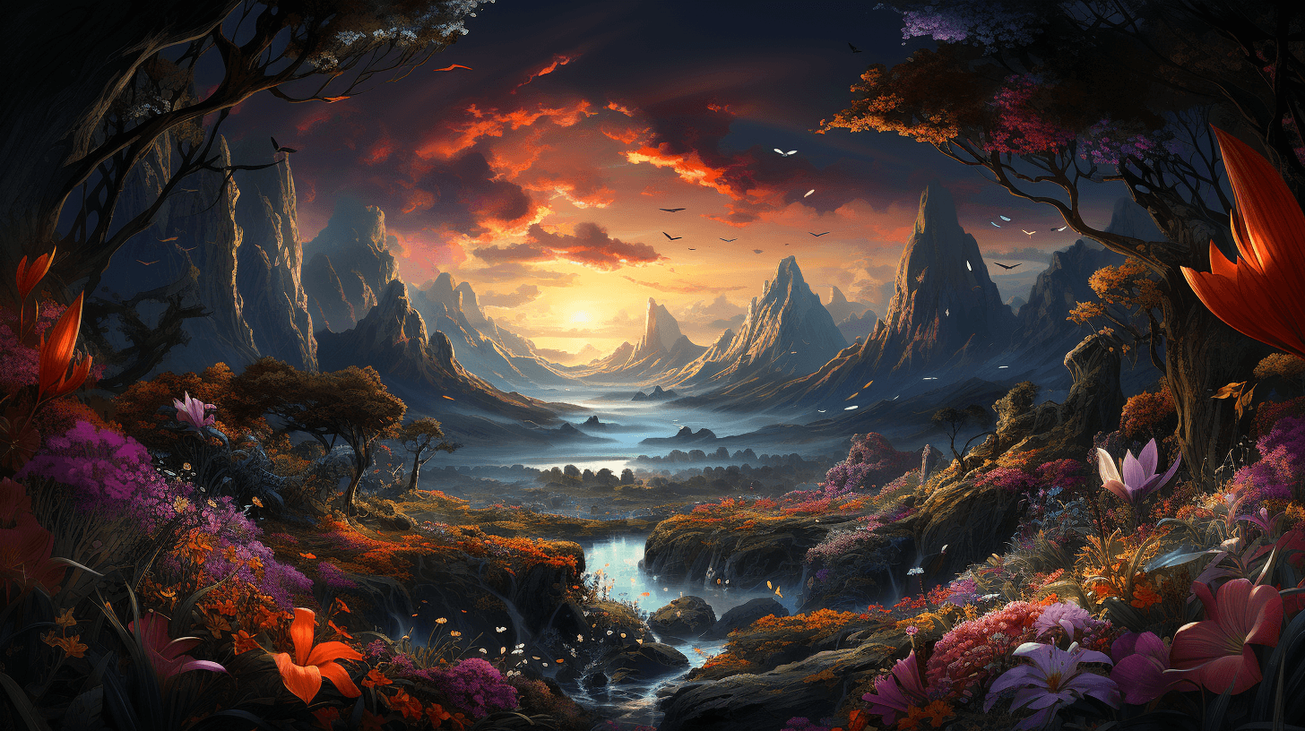 AI generated: ((masterpiece)), (best quality), (detailed), sunrise, cute mythical creatures flying, mountain, flow...
