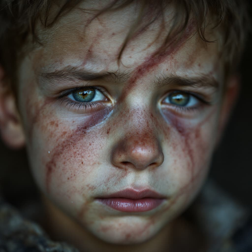 AI generated: A face of a little boy with tears in his eyes and swear allover his face with dry chapped lips who h...
