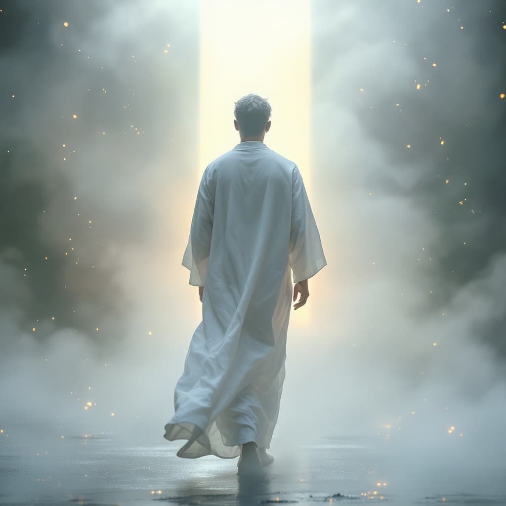 AI generated: A fine art, hyper-realistic, cinematic image of a man wearing a white long cotton robe with his back...