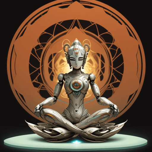 AI generated: A robot sitting in the lotus pose, representing the fusion of chaos and peacefulness in one work of ...