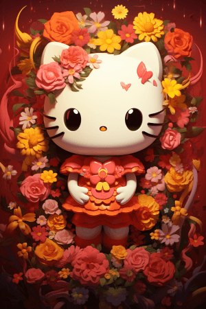 AI generated: 3d 32-bit character design anime, nft, Hello Kitty, floral patterns, sparkling eyes, vibrant color p...