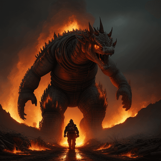 AI generated: detailed image of a post apocalyptic firefighter approaching a giant fire monster .