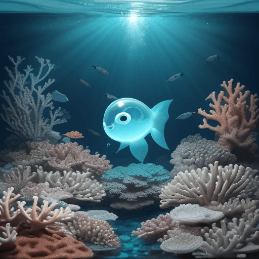 AI generated: photo of an extremely cute alien fish swimming on an alien habitable underwater planet, coral reefs,...