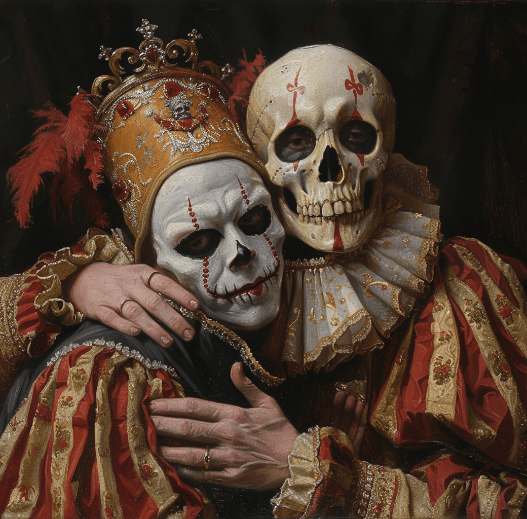 AI generated: an oil painting of two men in costumes, one is wearing an ornate jester hat and the other man has wh...