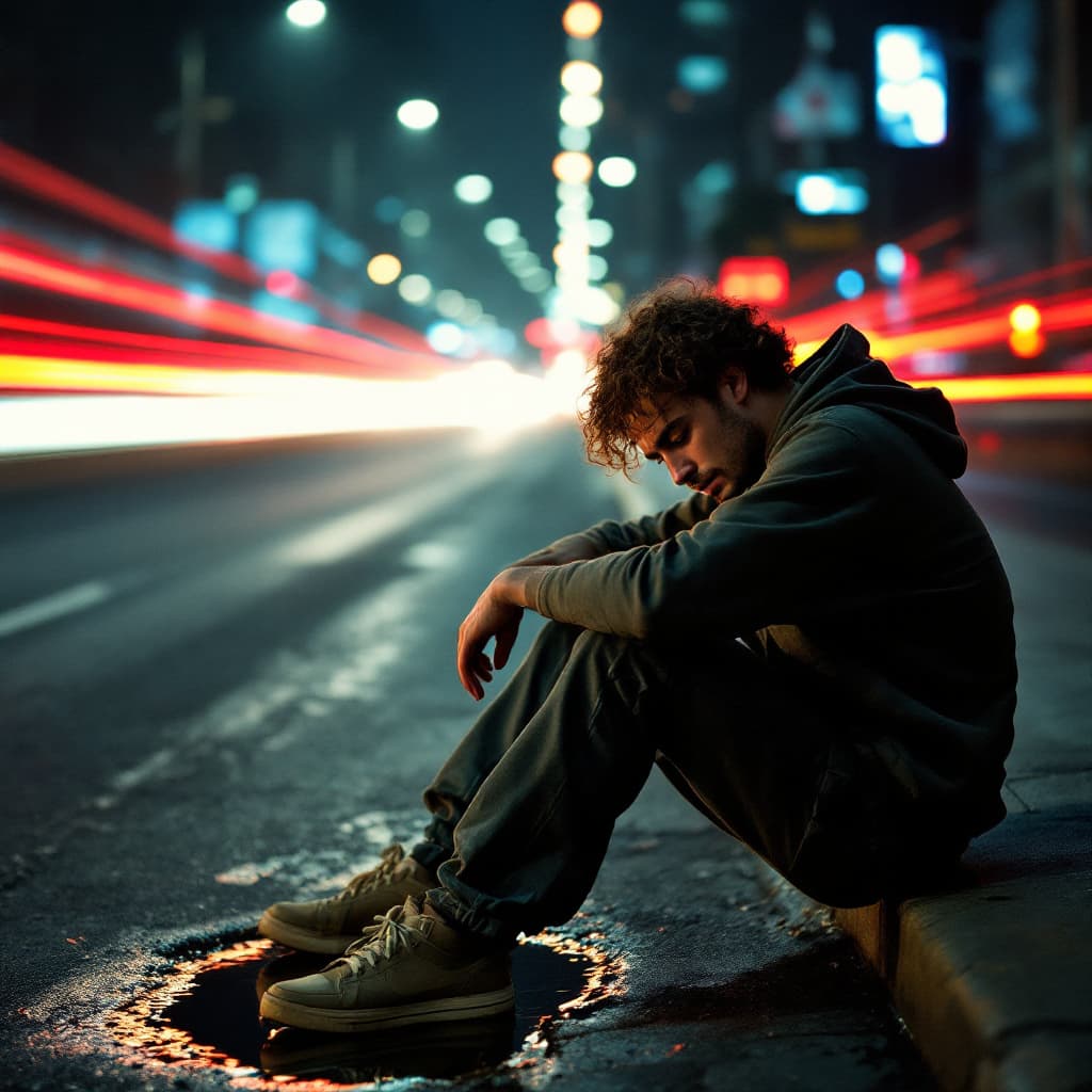 AI generated: A melancholic 30-year-old man with curly hair sits on the curb of a busy highway in the middle of Ne...