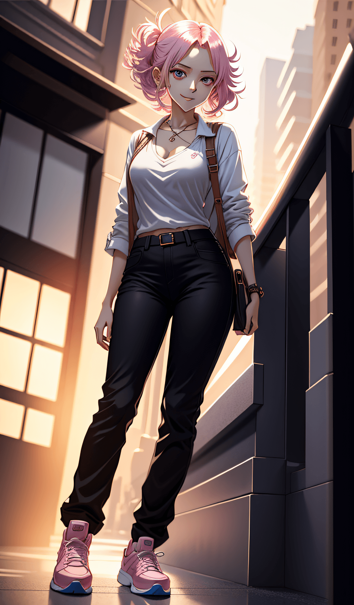 AI generated: She is vinsmoke reiju from one piece, 1 girl only, she is standing and wearing long pants, One piece...
