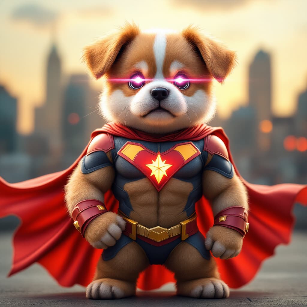 AI generated: A muscular puppy with a human body, dressed in a superhero suit. The suit is colorful and sleek, fit...