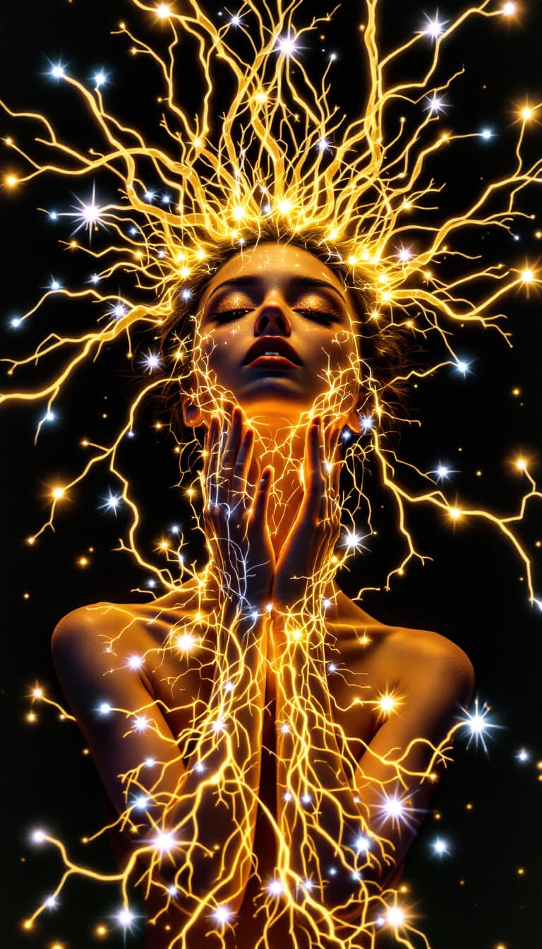 AI generated: A stunning 19 year old female, ascends gracefully on the balls of her feet, her hands reaching to th...