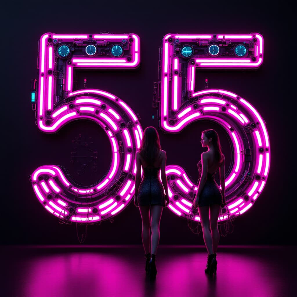 AI generated: number '55' sculpted from intertwined neon tubes in a bright magenta color, front view, set against ...