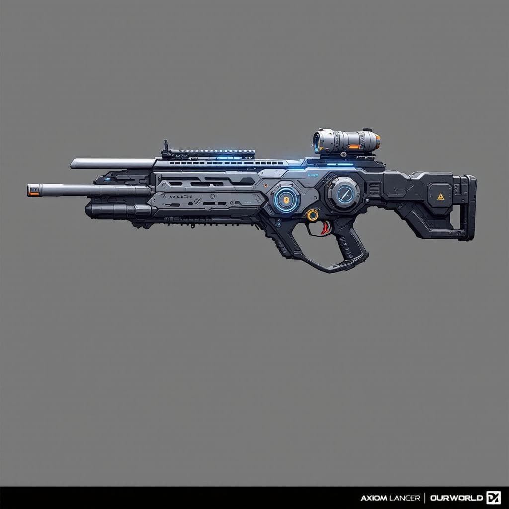 AI generated: Create a fictional weapon for Our’World. Render Axiom Lancer rifle: long, broad chassis with floatin...