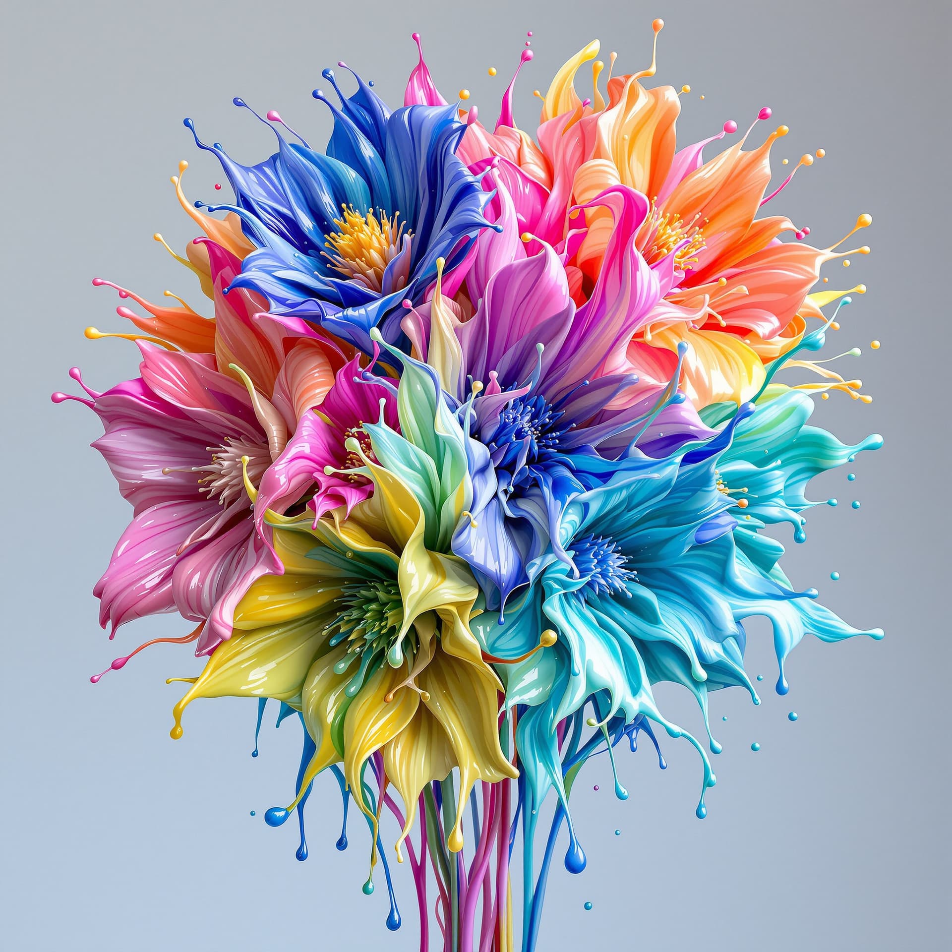 AI generated: 3d flowers made of fluids liquid paint vivid and multicolored wet look joined to form an artful spec...