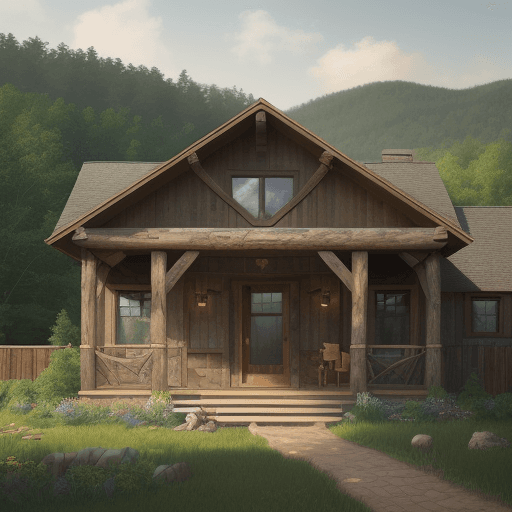 AI generated: 16:9 aspect ratio, A rustic design with cozy, country-style architecture, earthy colors on exterior ...