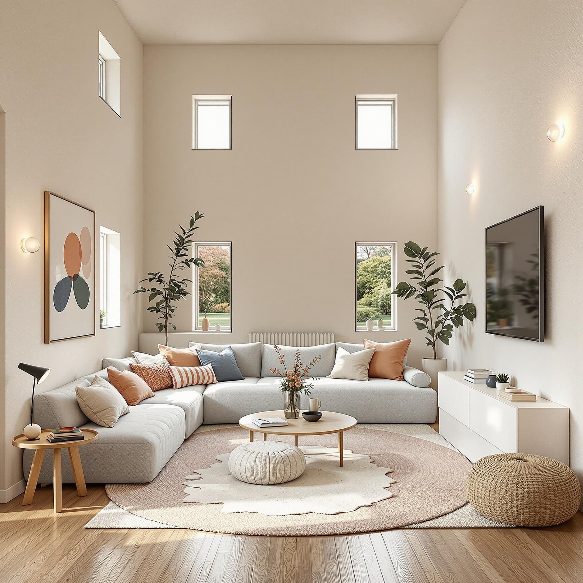 AI generated: High resolution photography interior design, dreamy sunken living room conversation pit, wooden floo...