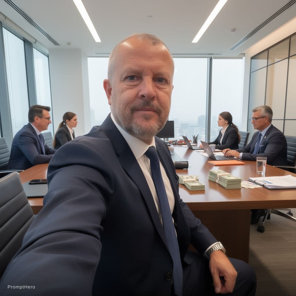 AI generated: 
UN HOMBRE PROFESIONAL EN SU EMPRESA DIRIGIENDO SUS EMPLEADOS Y CON MUCHO DINERO