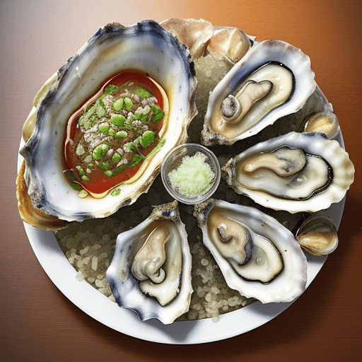 AI generated: A vibrant display of two oyster dishes - a beautifully presented plate of Golden Sand Oysters and an...