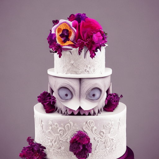AI generated: Wedding cake that is really a (Mimic in disguise with mouth wide open showing teeth and long tongue ...