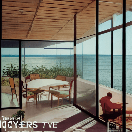 AI generated: Hyper realistic eye level exterior photo of a mid century modern style house overlooking the ocean, ...