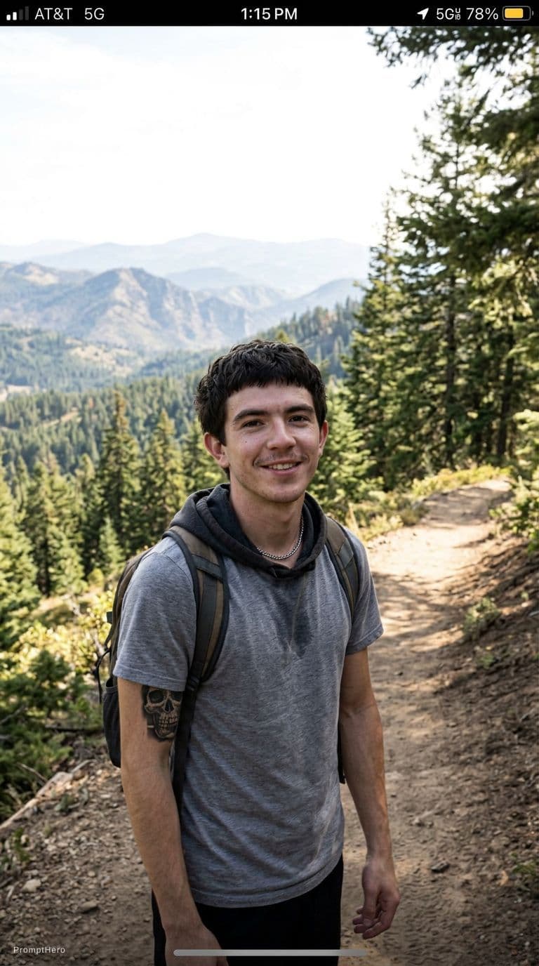 AI generated: raw iPhone 15 rear camera photo of a young man standing on a hiking trail, photographed by another p...