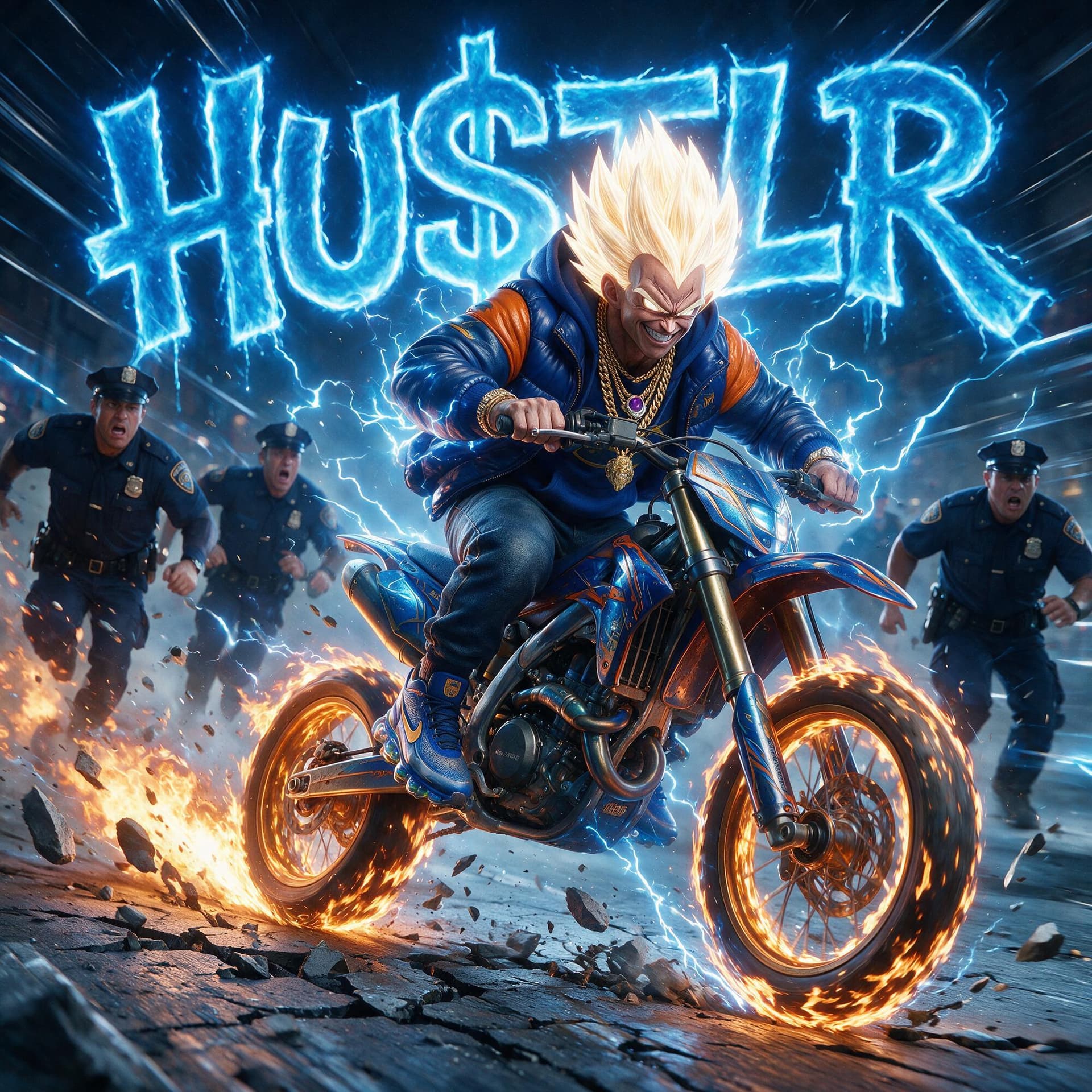 AI generated: POV front view of the bike racing towards us, full body 3d realistic illustration of an angry hip ho...