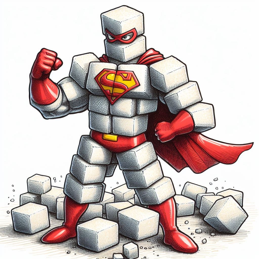 AI generated: A stack of  interlocking sugarcubes acting like a superhero, protecting regular sugarcubes from drow...