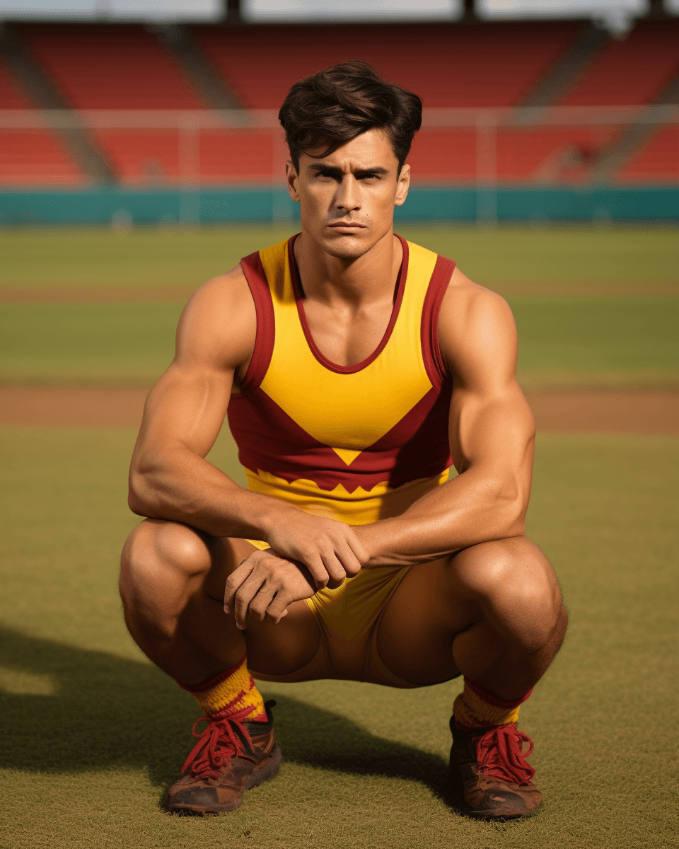 AI generated: afl man in yellow and red shorts sitting crouching on the field, in the style of goa-insprired motif...