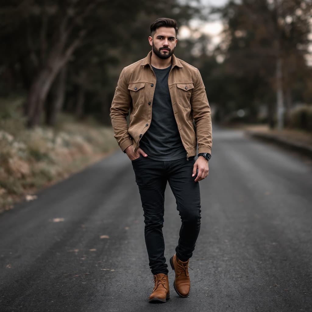 AI generated: a man wearing a suede jacket with black tee and grey color denium and brown leather boots