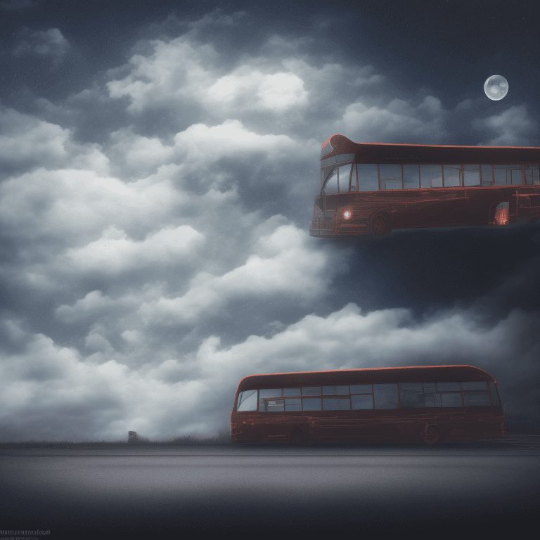 AI generated: side view of a long strange bus at a distance, in a dark alley, in the middle of the night, moonligh...