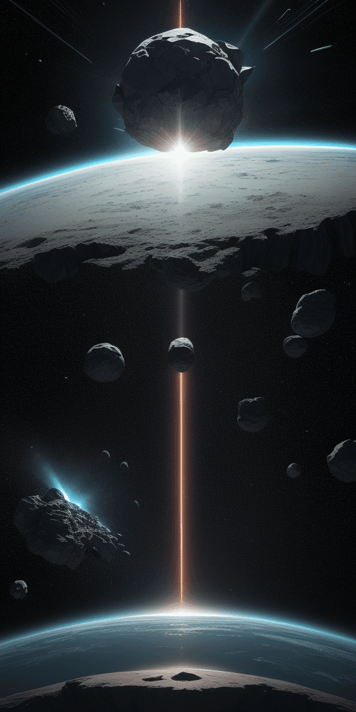 AI generated: illustration, sci-fi concept, small Asteroids combine to form the number 11, wide view, overlooking ...