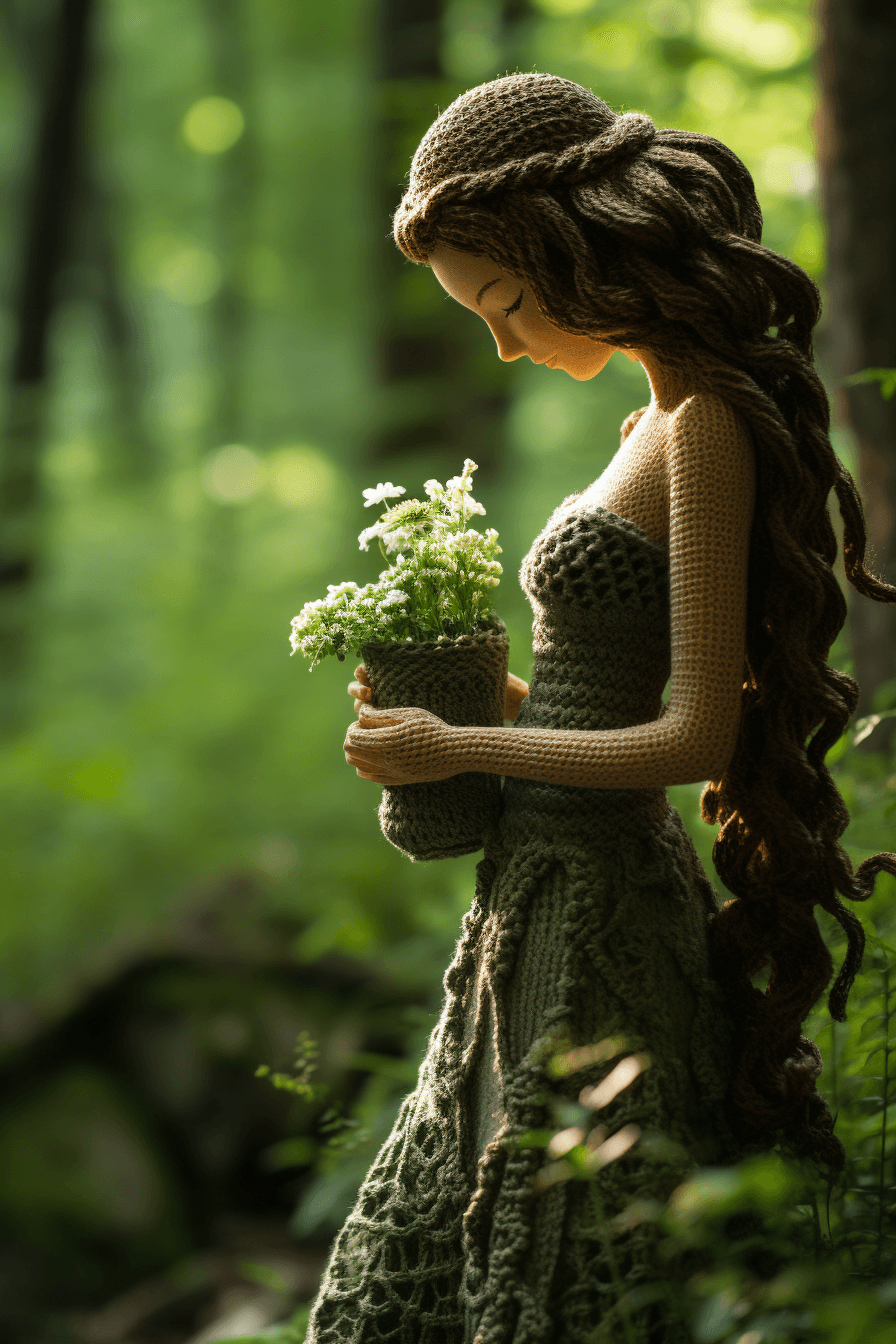 AI generated: Knit beatiful curved woman in forest holding flowers --ar 2:3 --s 200
