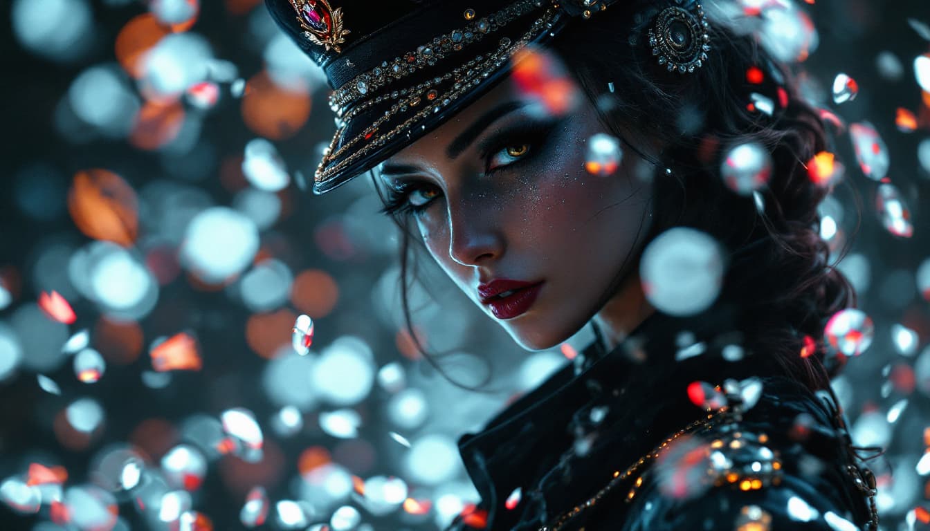 AI generated: V for Vendetta character adorned in intricate ornaments, showcasing a striking female engineer unifo...