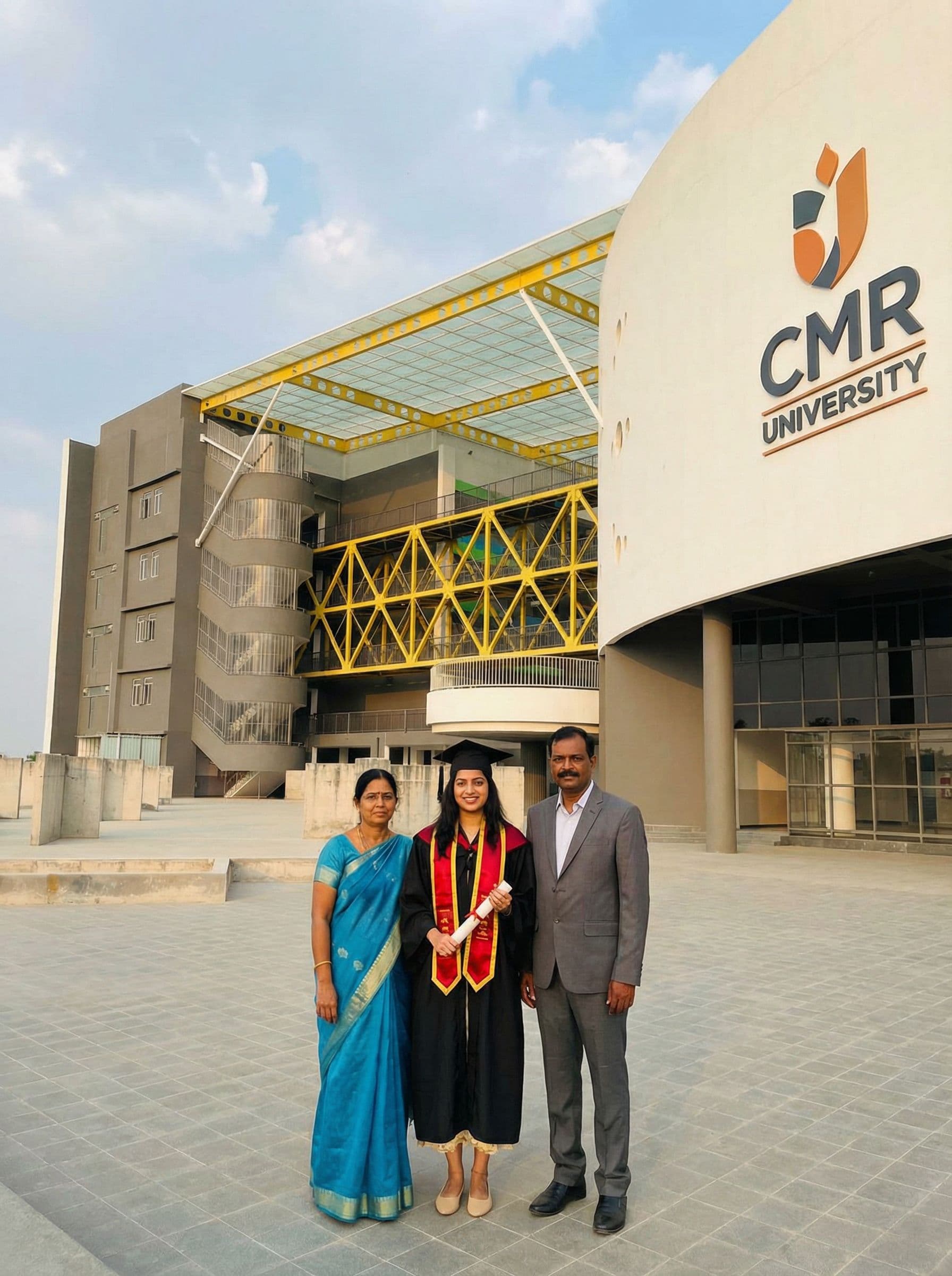 AI generated: Graduation pic of a girl standing with her parents in front of university wearing her graduation dre...