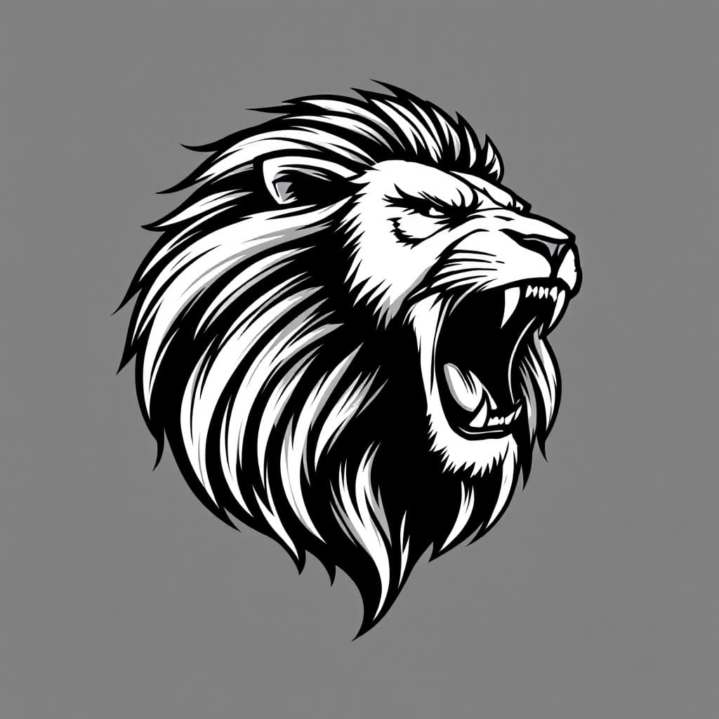 AI generated: A very simple yet aggressive and dynamic roaring lion head in vector style. The lion's face is styli...
