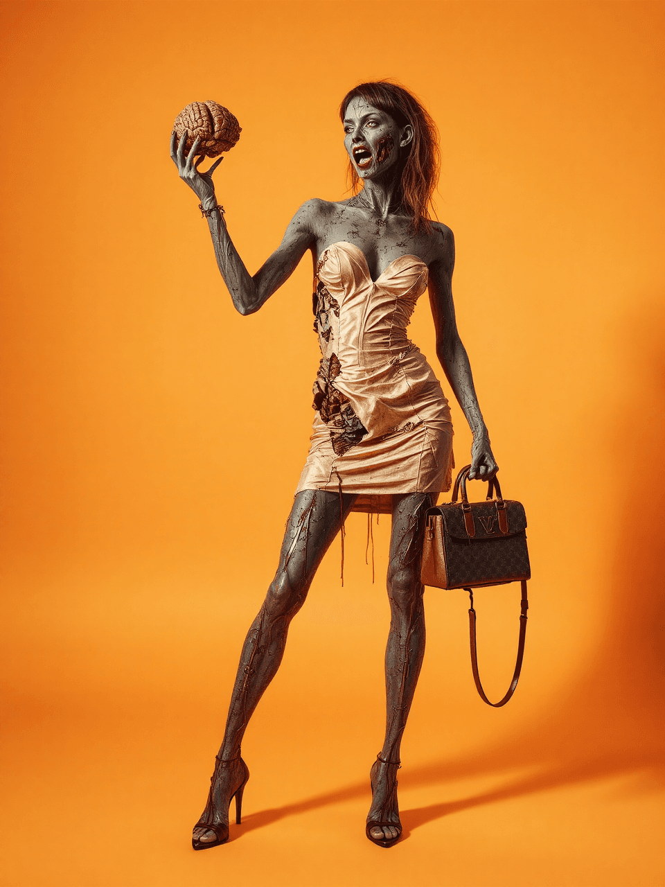 AI generated: A glossy fashion-photography inspired image of a rotting, decaying, thin, very buxom female zombie w...
