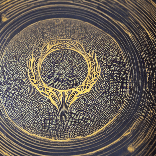 AI generated: A vinyl disk with gold engravings in a dark background, the edges have psychedelic effects.