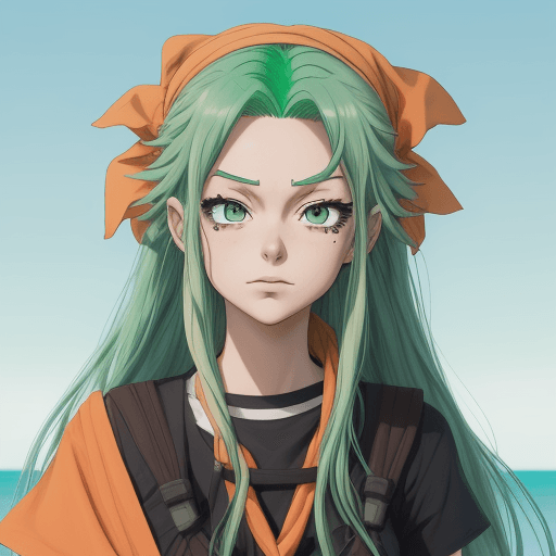 AI generated: emie_mha,emiemhafx,orange bandana,anime,Seafoam green hair,dark green eyes,long hair